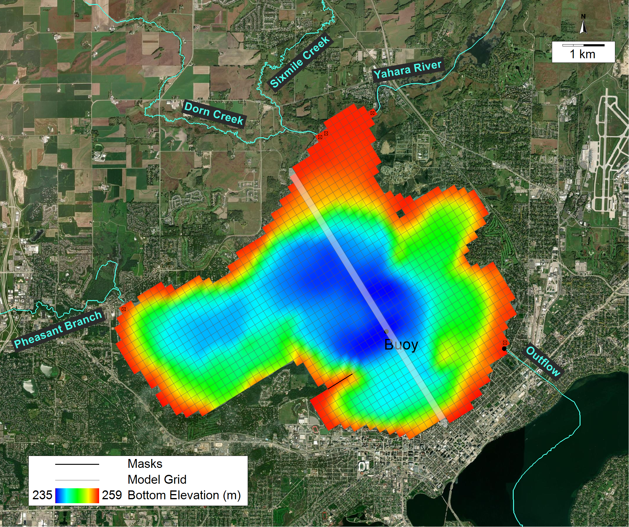 Figure 1. Horizontal grid, bottom elevation, and boundary conditions of Lake Mendota model. The white line represents the Northwest-Southeast cross-section in Figure 2.