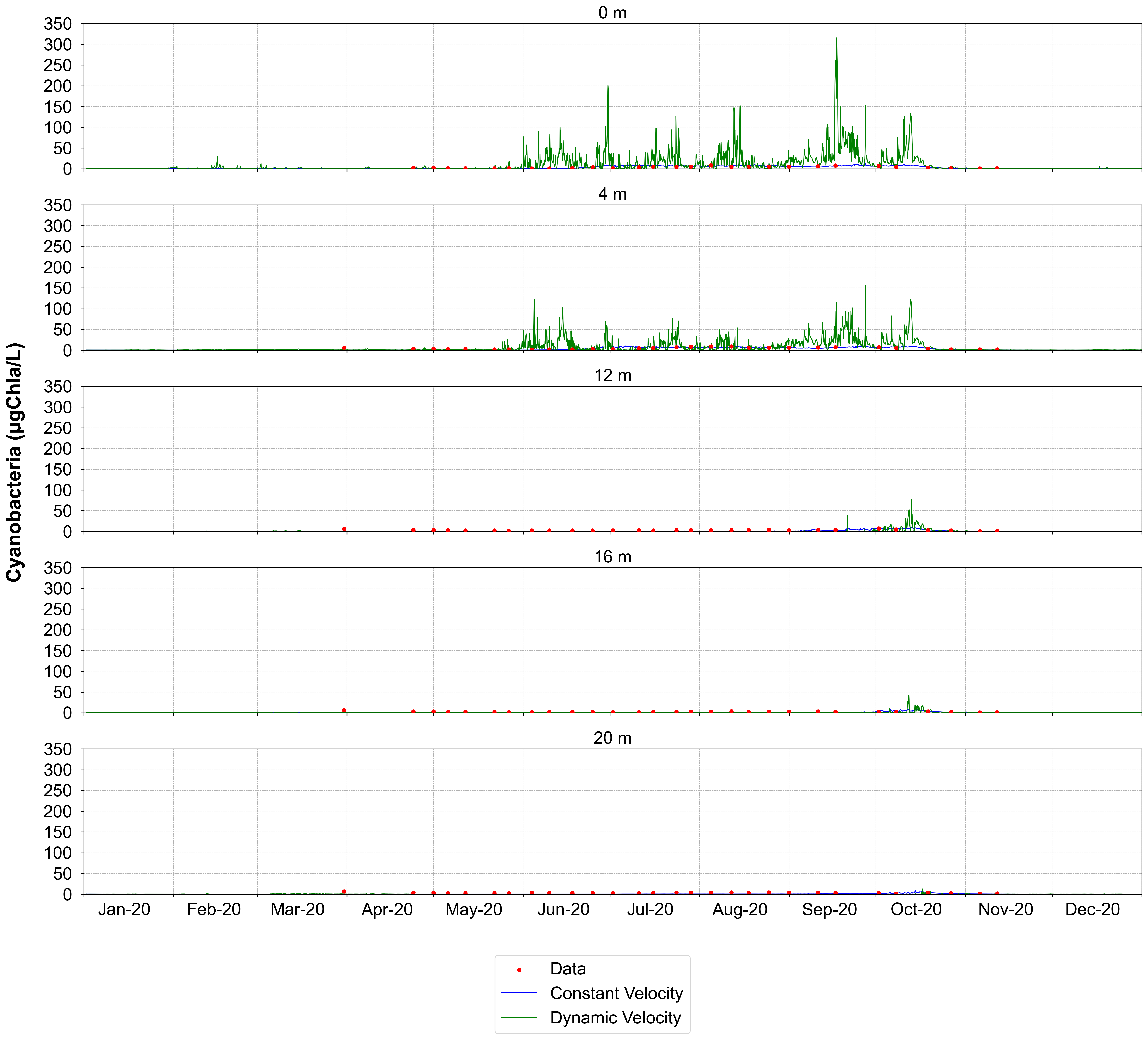 Figure 3. Time series of cyanobacteria concentration at different depths at the lake's deepest point (Cell L:375, buoy location)