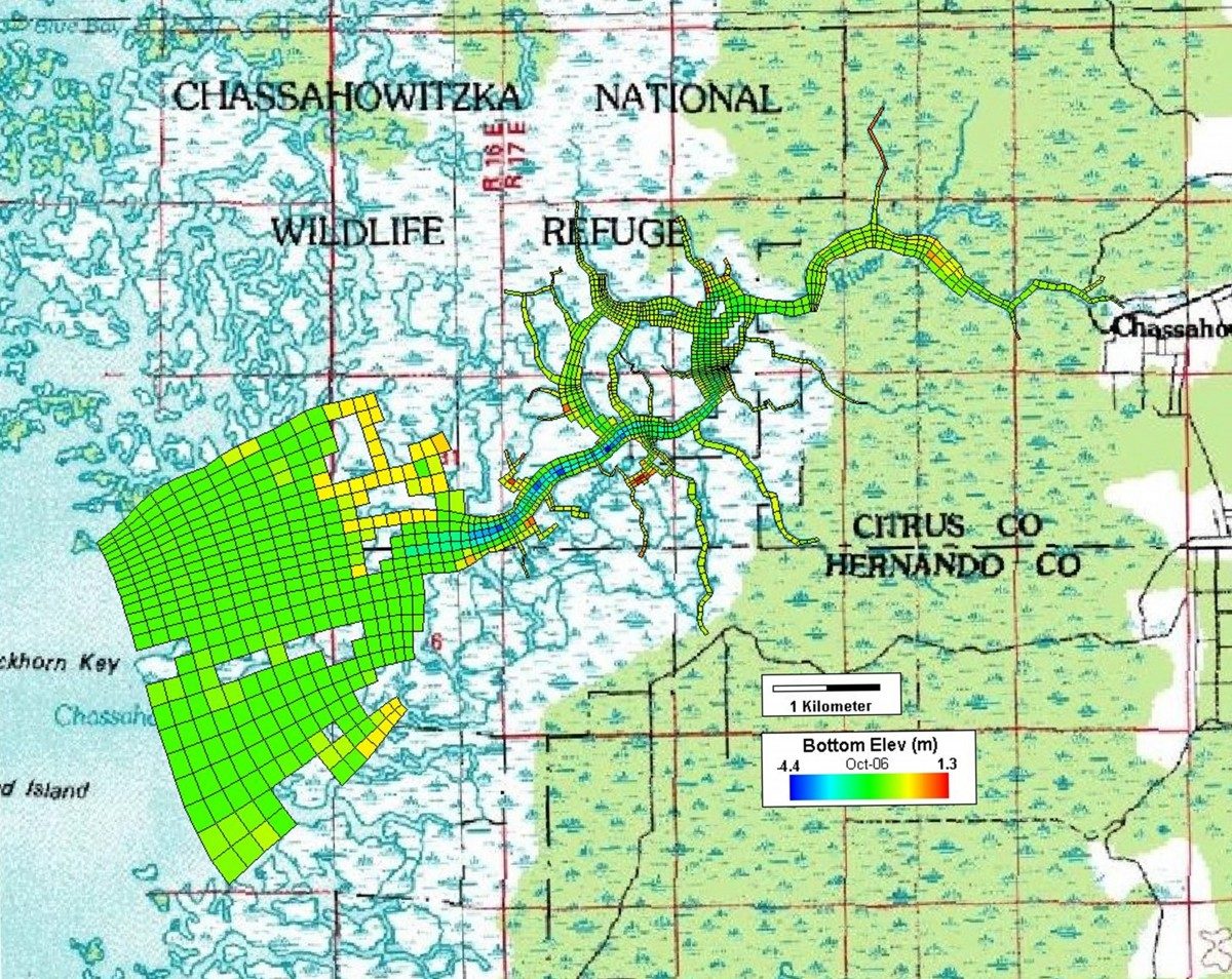 Model grid overlaid on a topographic map of the Chassahowitzka National Wildlife Refuge, colored by bottom elevation.