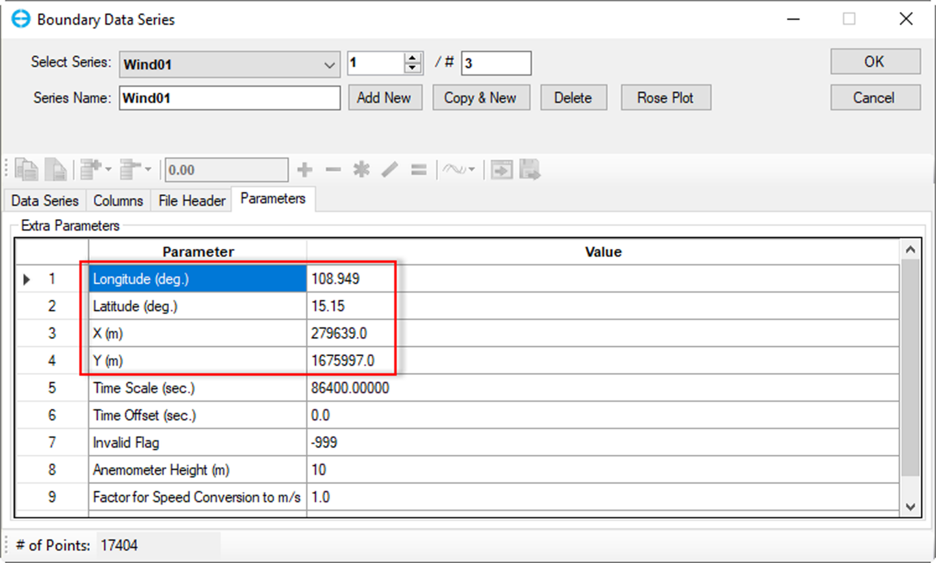 Figure 3. Enter the location parameters of the wind data series.