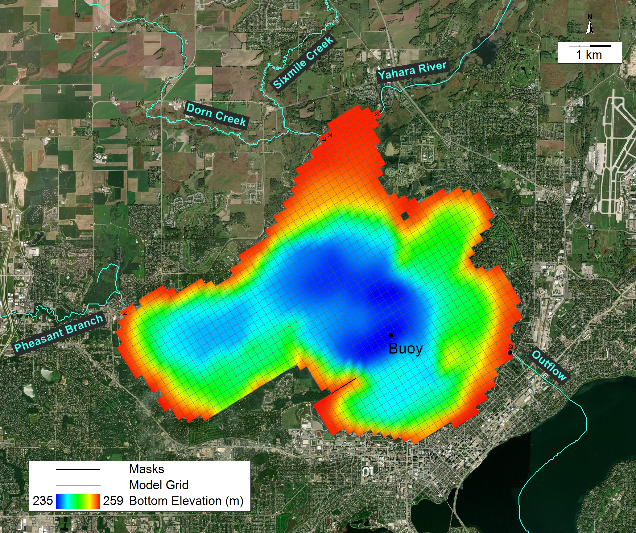 Figure 2. Horizontal grid, bottom elevation, and boundary conditions of Lake Mendota model.