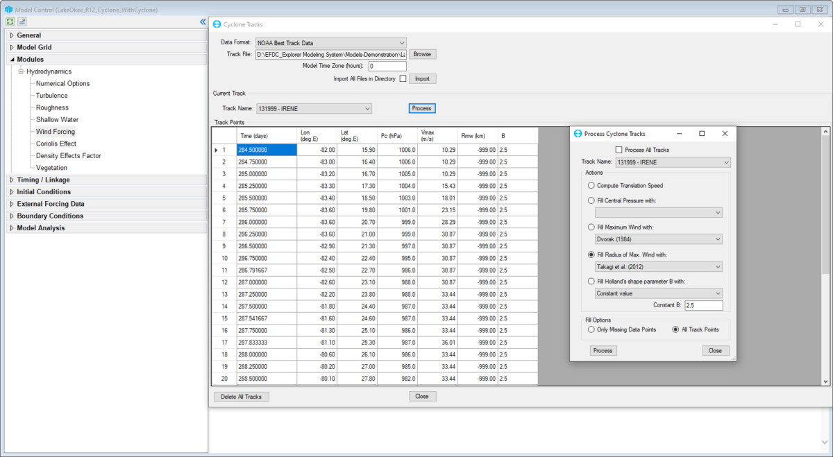 Figure 2. Cyclone track points after importing and before processing in EEMS.