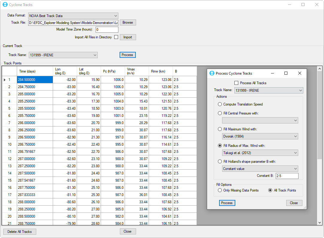 Figure 3. Cyclone track points after processing in EEMS.
