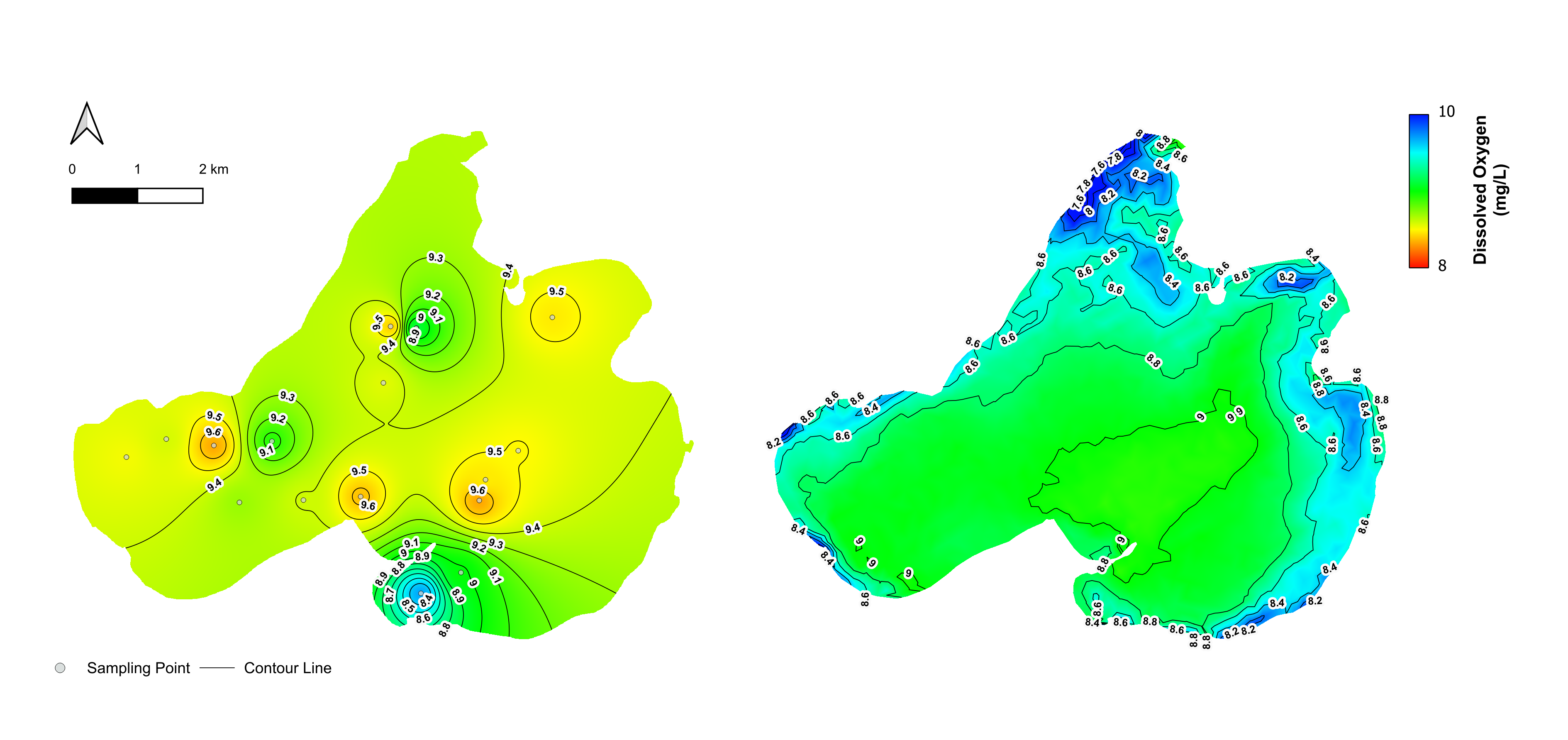 Figure 4. Spatial distribution of observed and simulated Dissolved Oxygen at water surface