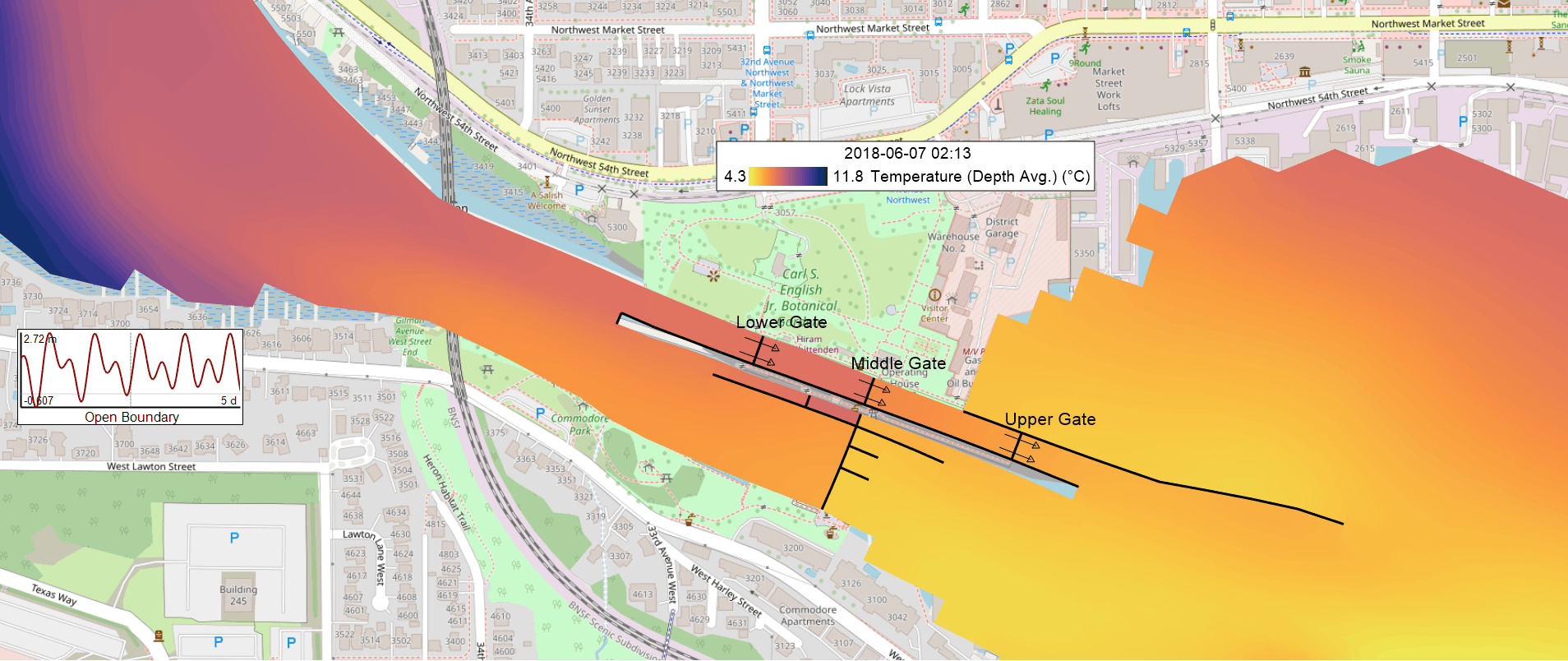 Depth-averaged temperature around the locks at the same time step, following the same boundary as the salinity field.