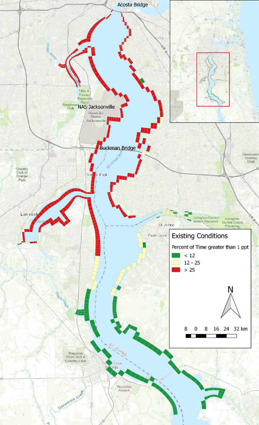 Figure 3: Percent of time exceeding 1 ppt salinity for wetland shoreline cells.