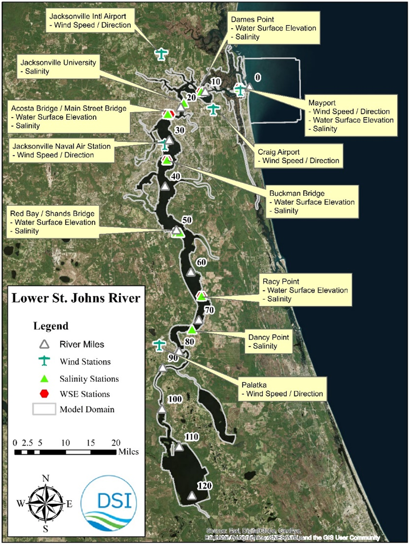 Figure 1: Geographical overview of the Lower St. Johns River model.
