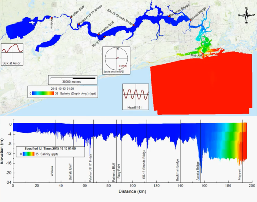 Lower St. John's River during tropical storm Fay, in 2008, in simultaneous plan and vertical slice views.