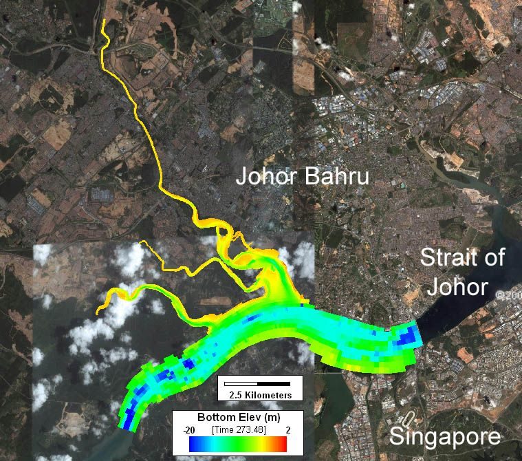 Model grid coloured by bottom elevation along the Strait of Johor at Johor Bahru, shown over satellite imagery.