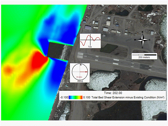 Comparison of bed shear stress for two model scenarios: with and without a proposed runway extension.