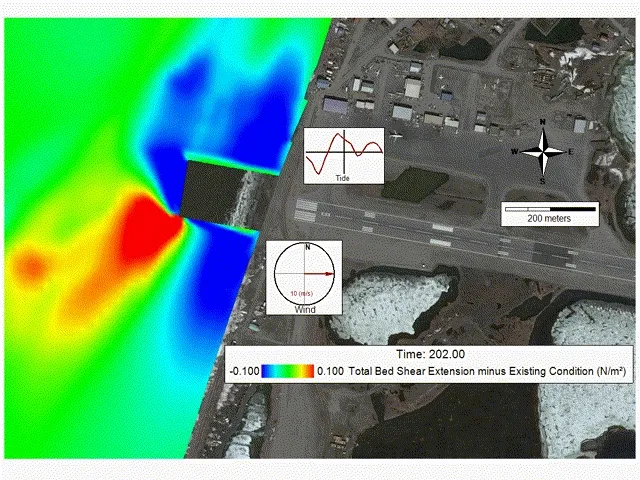 Comparison of bed shear stress for two model scenarios: with and without a proposed runway extension.