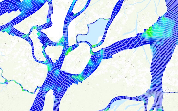 Close-up of the Amazon River grid in Grid+, showing individual cells where channels meet.
