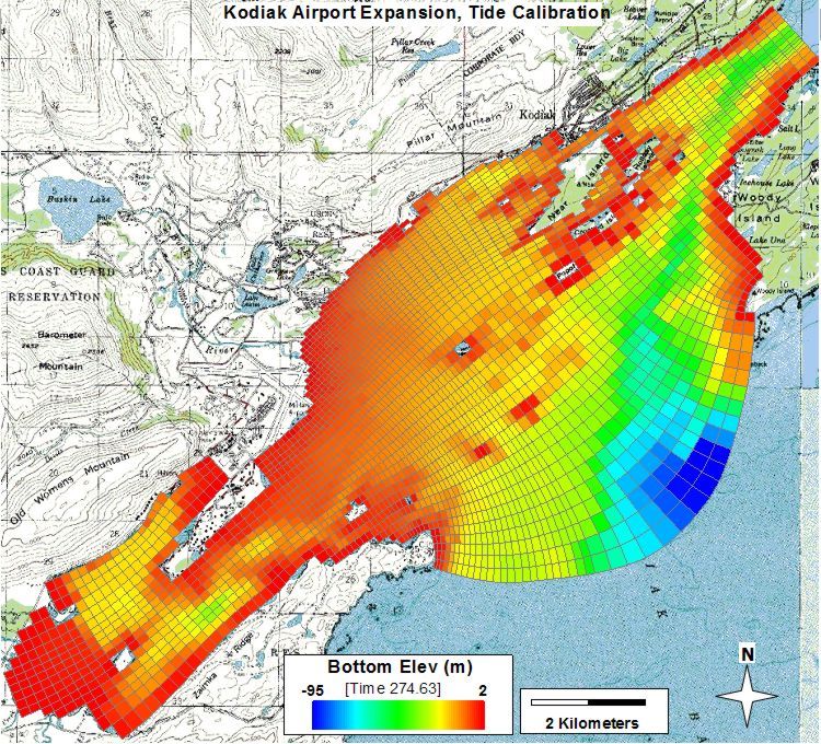 Grid mesh for the Kodiak Airport Expansion tide calibration model, overlaid on the surrounding topography.
